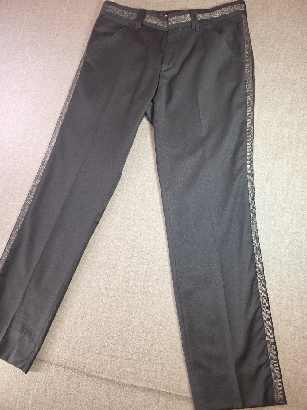Dolce & Gabbana Black Virgin Wool Dress Pants with Herringbone Side Stripe IT 48